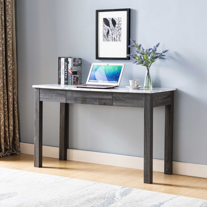 Faux Marble White & Distressed Grey Home Office Desk with Drawer