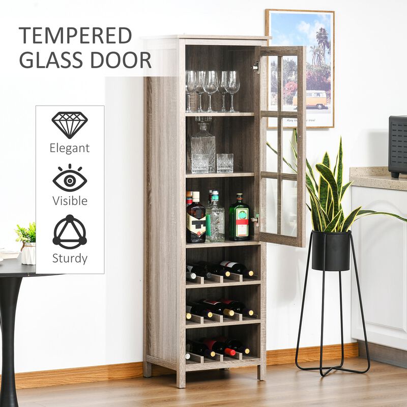 Grey Oak Bar Cabinet: Tall Wine Display with Glass Door and Storage