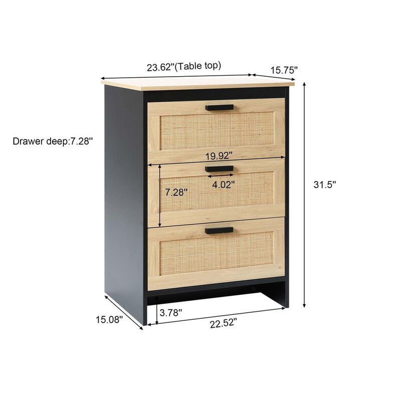 LuxenHome Black and Brown Wood 3-Drawer Rattan Chest