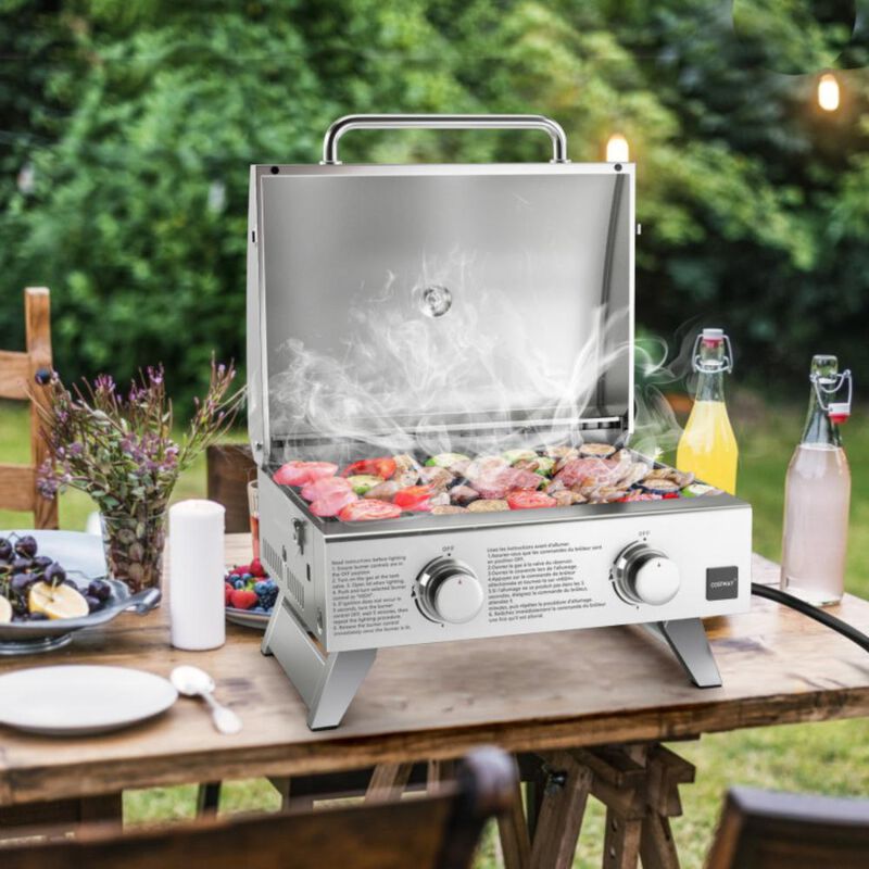 Costway Stainless Steel Propane Grill with Lid for Outdoor Camping Tailgating Picnic Party-Silver