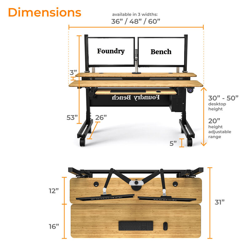 VersaDesk® Foundry Bench® Electric Portable Height Adjustable Standing Desk, 60"W, Black/Bamboo