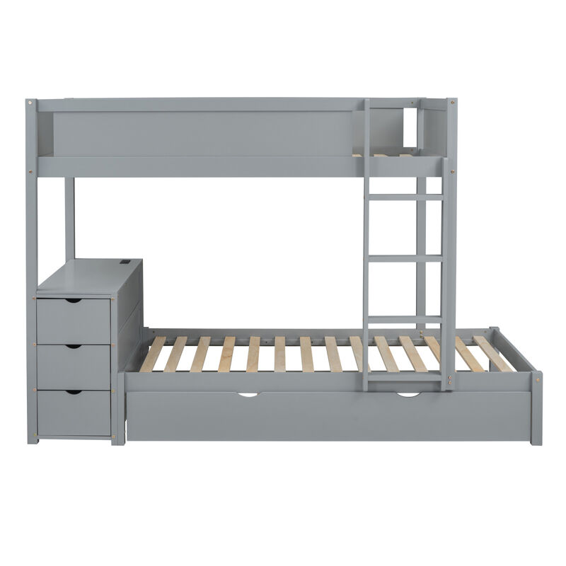 Twin Over Twin Bunk Bed With Twin Size Trundle, Storage And Desk, Gray