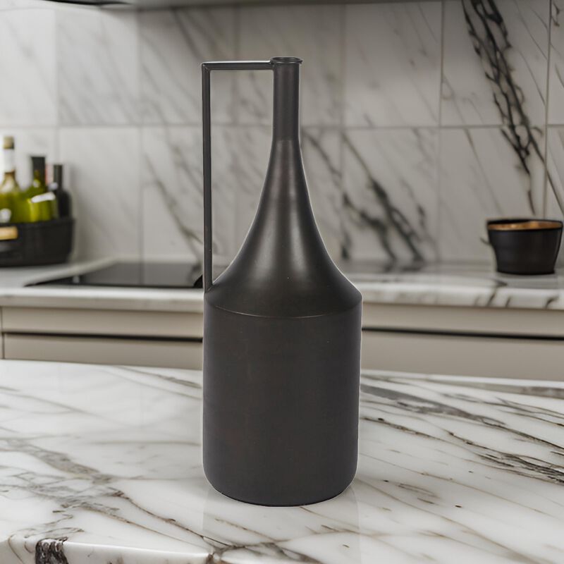 Toly 20 Inch Flower Vase, Industrial Angular Handle, Distressed Brown - Benzara