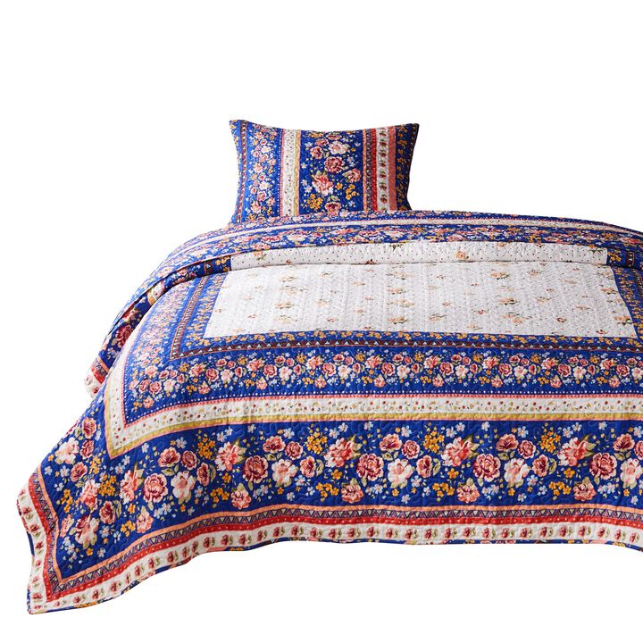 Loir 2 Piece Twin Quilt Set with Floral Print, Multicolor-Benzara