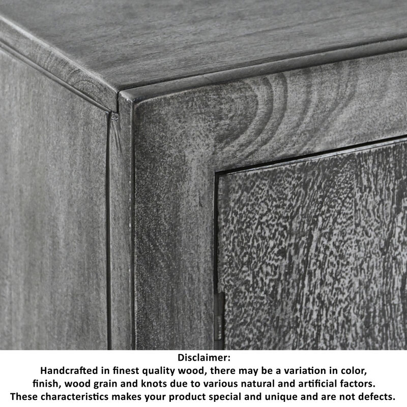39 Inch Handcrafted Accent Cabinet with 2 Doors, Medallion Engraved, Sandblasted Gray Mango Wood, Black Iron Framed Stand-Benzara