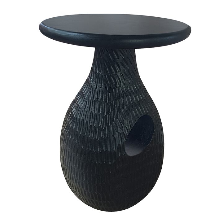 14 Inch Side End Table, Artisan Handcrafted Mango Wood, Embossed Teardrop Shaped Base, Black - Benzara