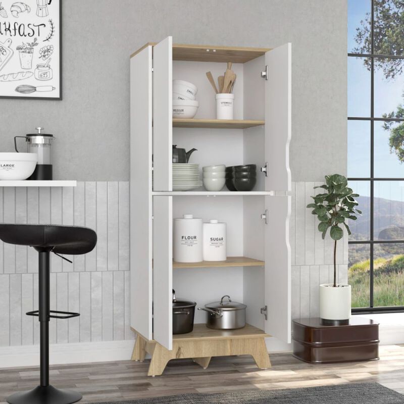 Pamplona Double Kitchen Pantry, Double Door, Four Legs, Four Shelves - Light Oak White