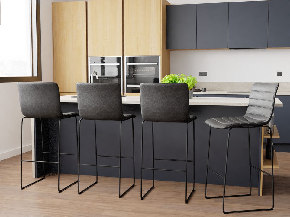 LeisureMod Brooklyn 29.9" Modern Leather Bar Stool with Black Iron Base & Footrest – Stylish and Durable Seating for Kitchen or Bar