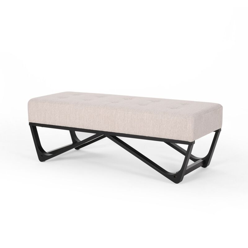 Liba Ottoman Bench, Button Tufted Beige Fabric, Black Frame, 47 Inch - Benzara