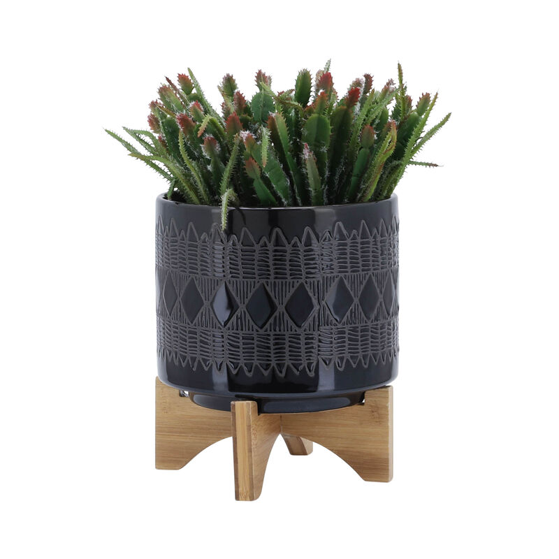 Aztec Planter on Wooden Stand, Black Set