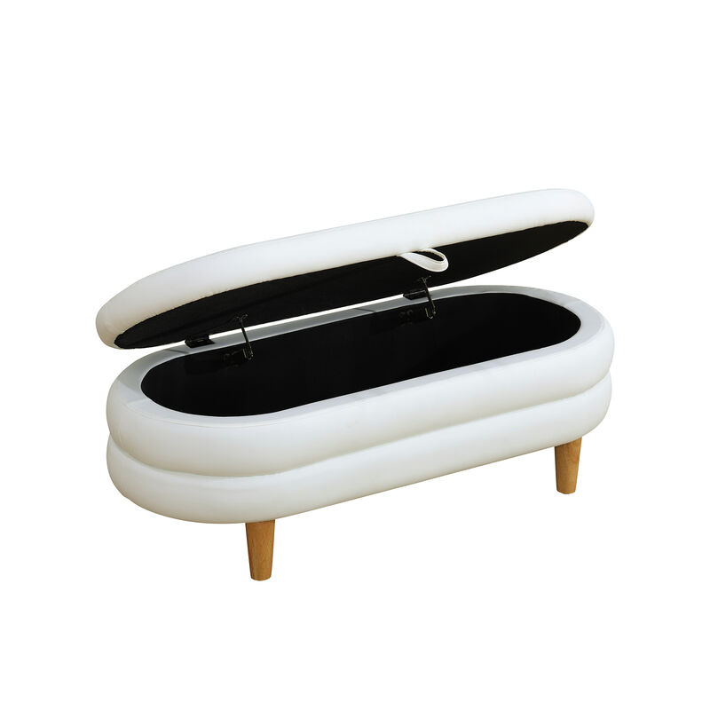 White Cotton Oval Ottoman with Storage