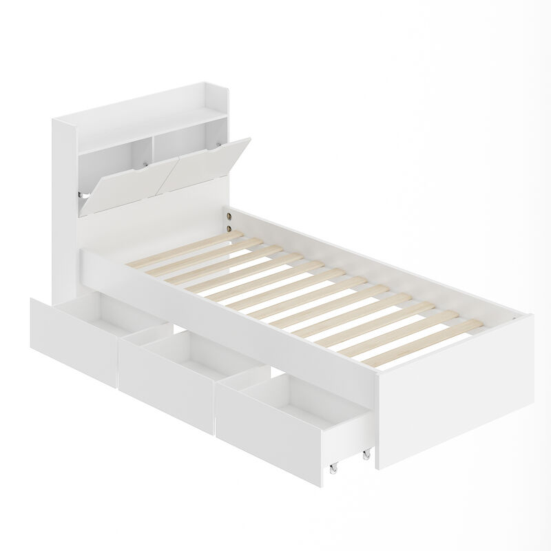 White Wood Frame Twin Bed Platform Bed Storage Bed with 3-Wheels Drawers and Headboard