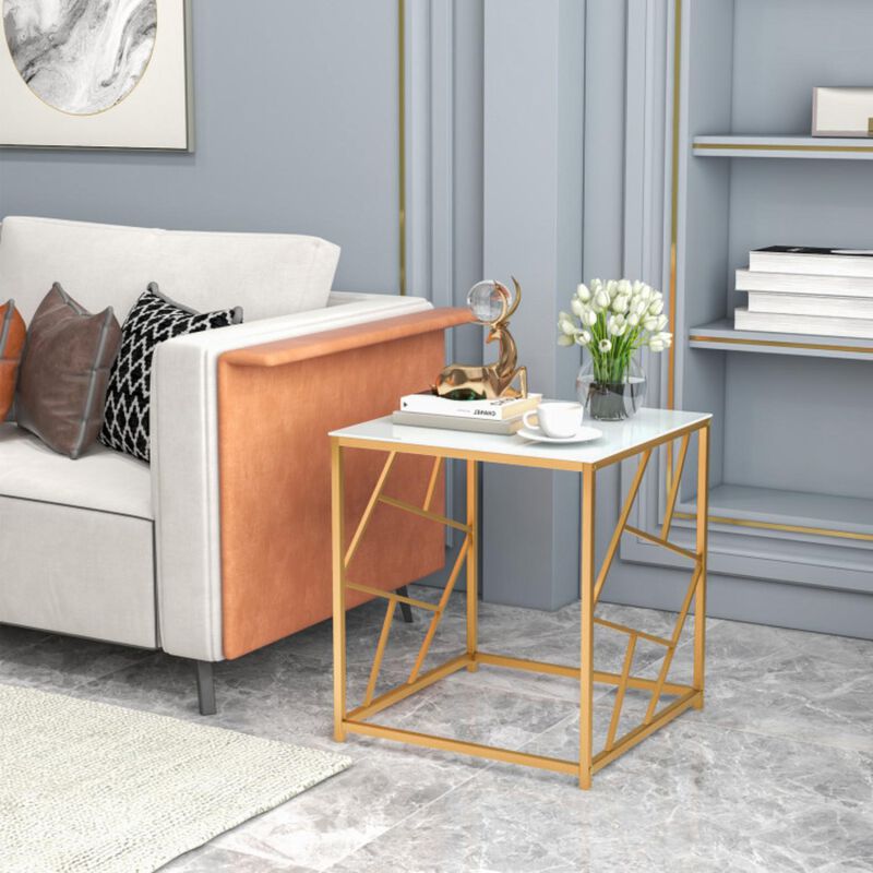 Hivvago Square End Table with Tempered Glass Tabletop and Gold Finish Geometric Frame-Golden
