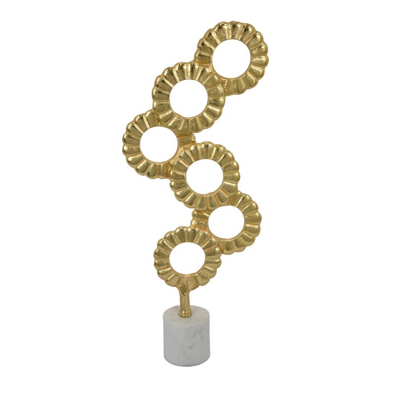 Sherry Tabletop Decor, 23 Inch Golden Metal Round Patterns, White Base - Benzara