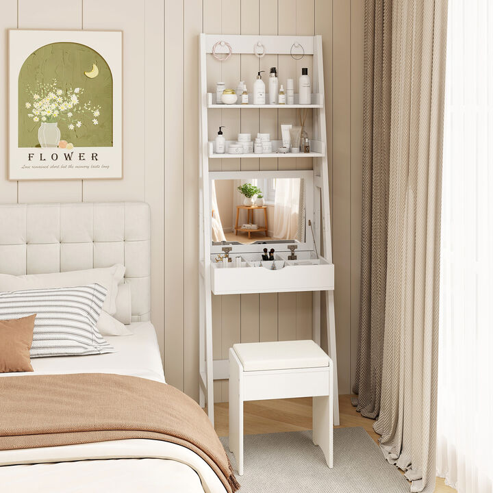 Vanity Desk Set with Flip Top Mirror  Hidden Storage Compartments and Cushioned Stool