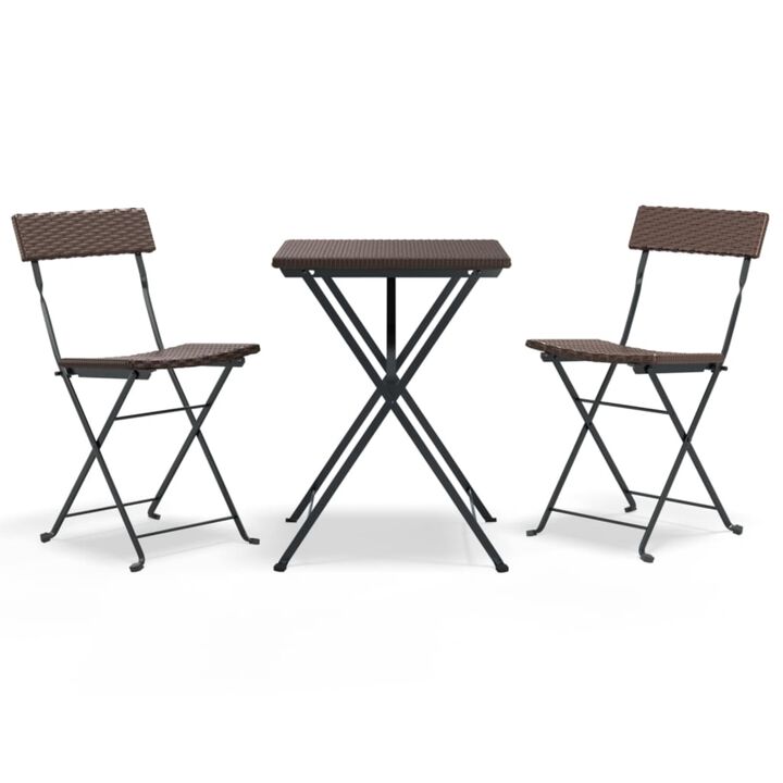 vidaXL 3-Piece Folding Bistro Set - Durable Brown Poly Rattan Construction - with Foldable Design for Easy Storage - Easy Assembly - Weather-Resistant, Ideal for Outdoor Dining or Relaxation.