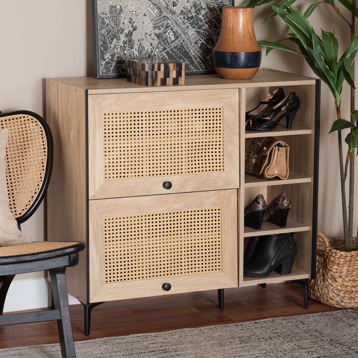 Baxton Studio Malcolm Mid Century Modern Oak Brown Wood Shoe Cabinet with Flipper Doors