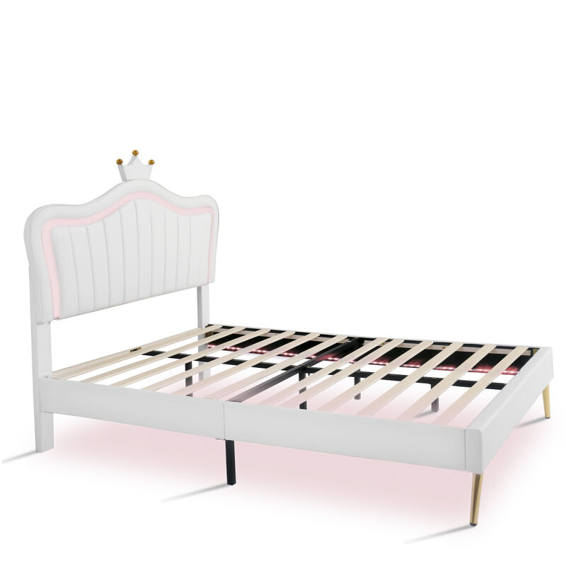 LED Light Upholstered Bed Frame & Crown Headboard
