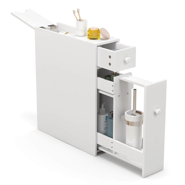 Costway Bathroom Floor Cabinet Toilet Narrow Storage Organizer with Flip Top White Costway Bathroom Floor Cabinet Toilet Narrow Storage Organizer with Flip Top White