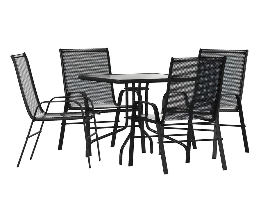 Flash Furniture Brazos 5 Piece Outdoor Patio Dining Set - 4 Black Flex Comfort Stack Chairs - 31.5" Square Tempered Glass Patio Table