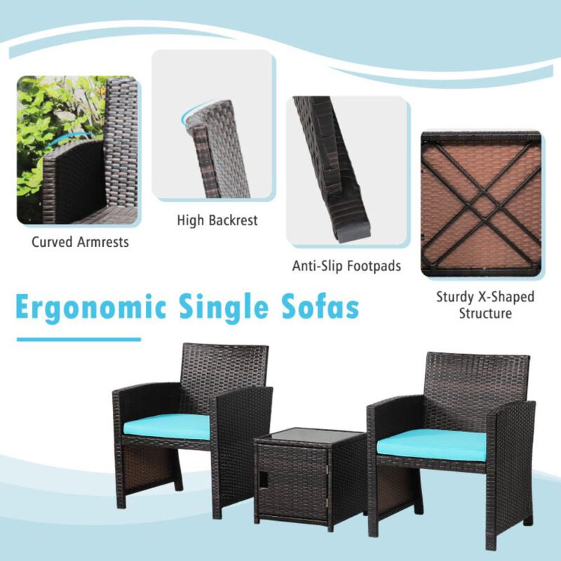 Hivvago 3 Pieces Patio Wicker Furniture Set with Storage Table and Protective Cover