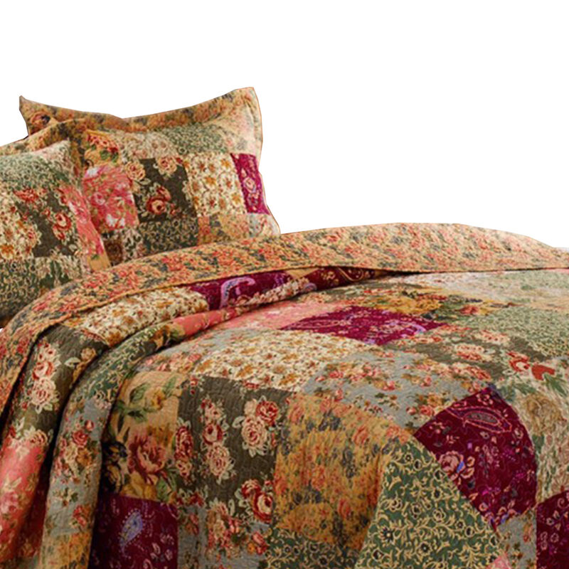 Kamet 3 Piece Fabric Queen Size Quilt Set with Floral Prints, Multicolor - Benzara