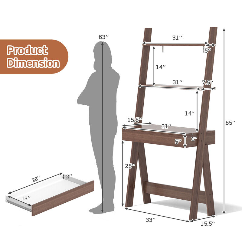 Ladder Shelf Desk Bookcase with Countertop Drawer and 2 Shelves for Home Office Storage and Organization
