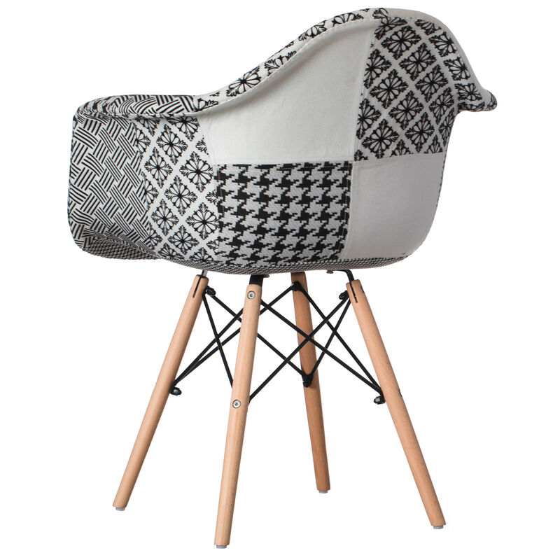 Mid-Century Modern Style Fabric Lined Armchair with Beech Wooden Legs, Black and White