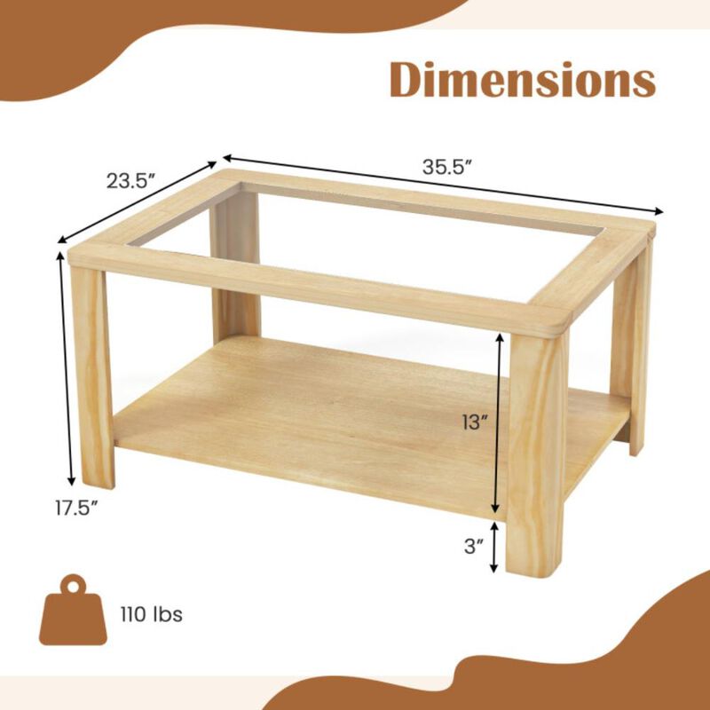 Hivvago 2-Tier Coffee Table Rectangular Center Table with Tempered Glass Tabletop and Storage Shelf