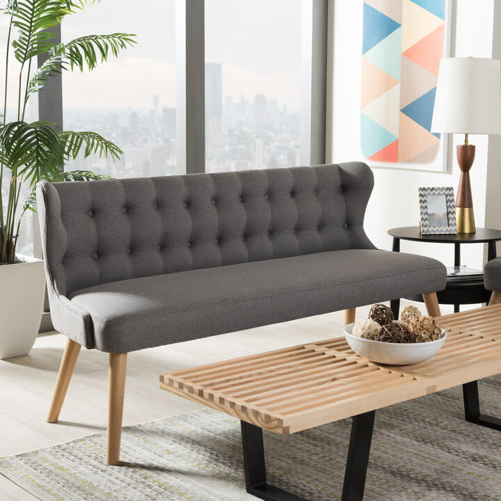 Baxton Studio Melody Mid Century Grey Fabric And Natural Wood Finishing Settee Bench