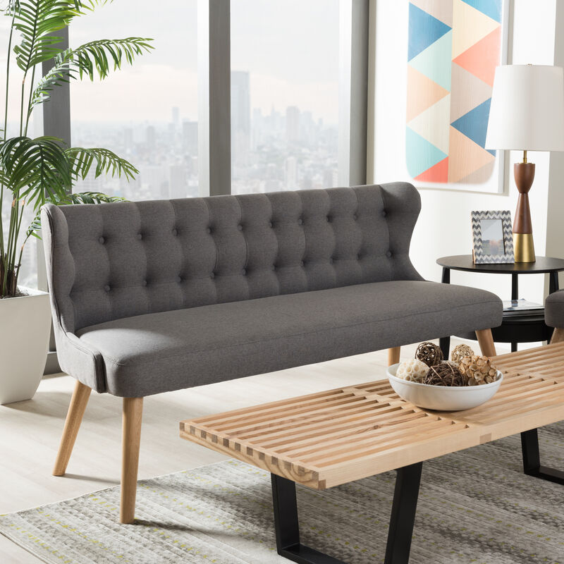 Baxton Studio Melody Mid Century Grey Fabric And Natural Wood Finishing Settee Bench