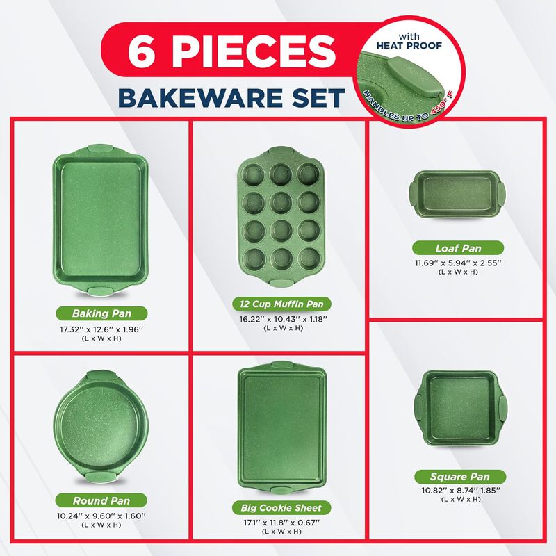 BAKKEN Kitchen Baking Pan Set - Nonstick Coating, Carbon Steel Bakeware Sets with Silicone Handles, Baking Kitchen Essentials, PFOA, PFOS, PTFE Free, Oven Safe Tray (Up To 450° F), Set of 6