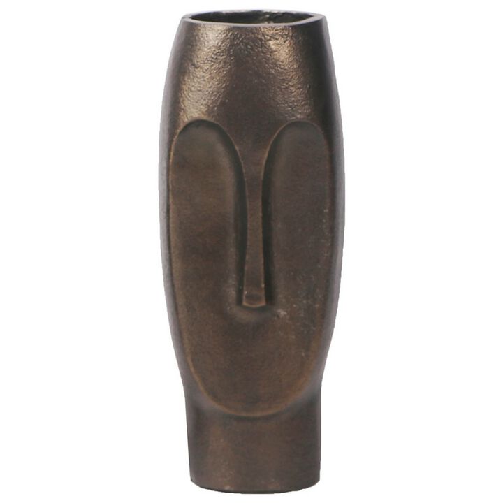 Anea Flower Vase, Face Design, Pedestal Base, Textured Bronze Finish - Benzara