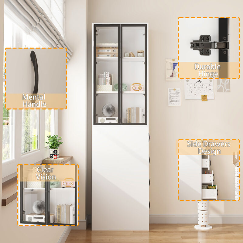 FUFU&GAGA Slim Bookshelf with Glass Doors & LED Lights, Modern Narrow Bookcase with Adjustable Storage for Living Room, Study & Home Office (24.3" W x 86.6" H x 11.8" D),White