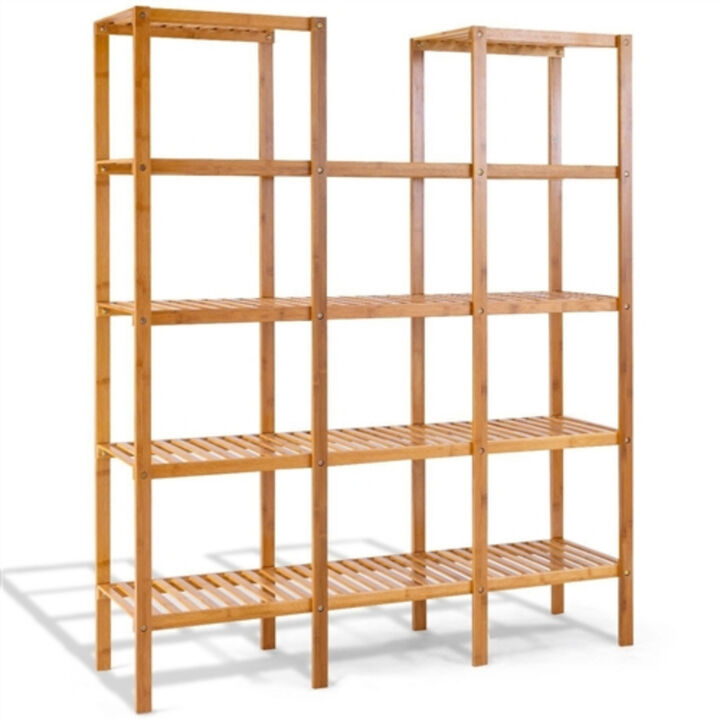 Wicker Wood 4-Shelf Bookcase Plant Stand Shelving Unit