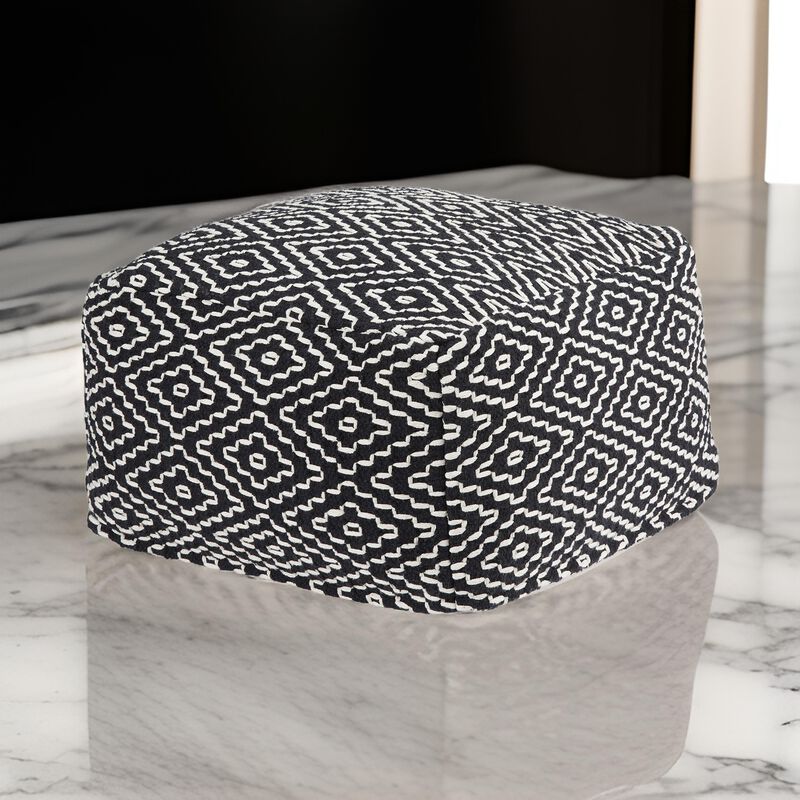 Sena 22 Inch Ottoman Pouf, Handwoven Pattern, Cotton Cover, Black White -