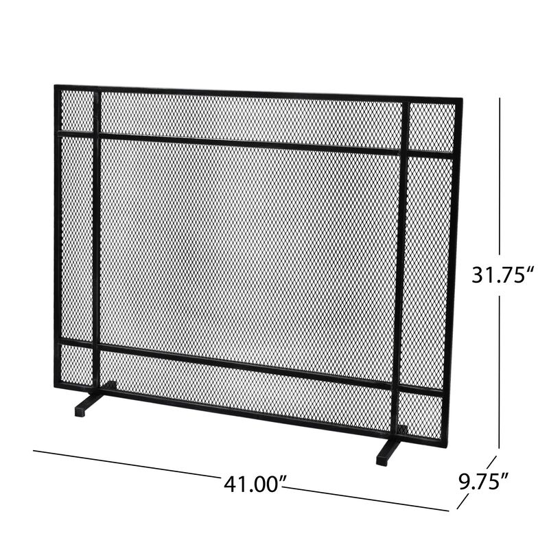 Hype Fireplace Screen with Mesh, Single Panel, Black and Silver - Benzara