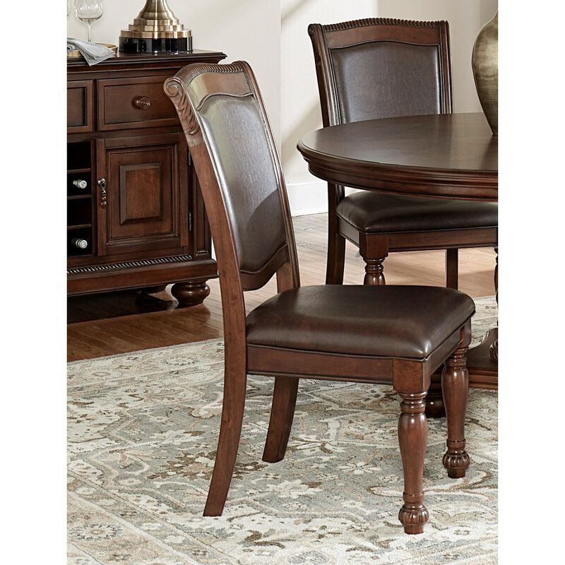 Wooden side chairs set, brown cherry finish, faux leather upholstery