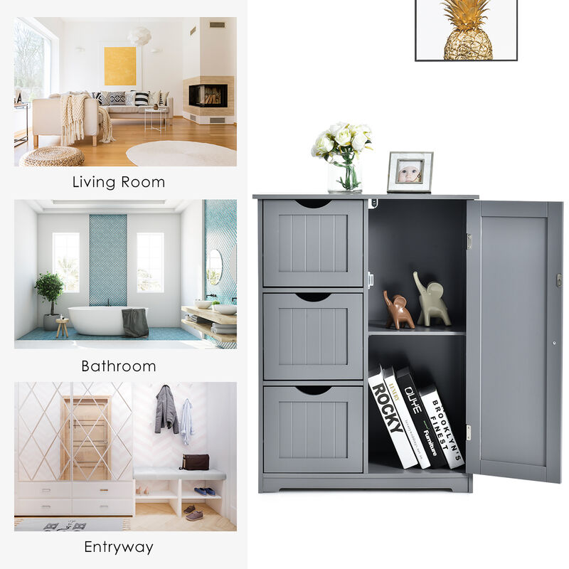 Costway Bathroom Floor Cabinet Side Storage Cabinet with 3 Drawers and 1 Cupboard Grey