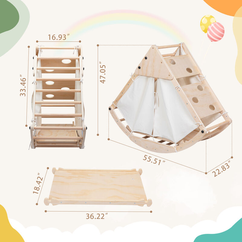 Pikler Triangle Set, Foldable Wooden Climbing Triangle Ladder with Ramp for Toddlers, Natural Wood