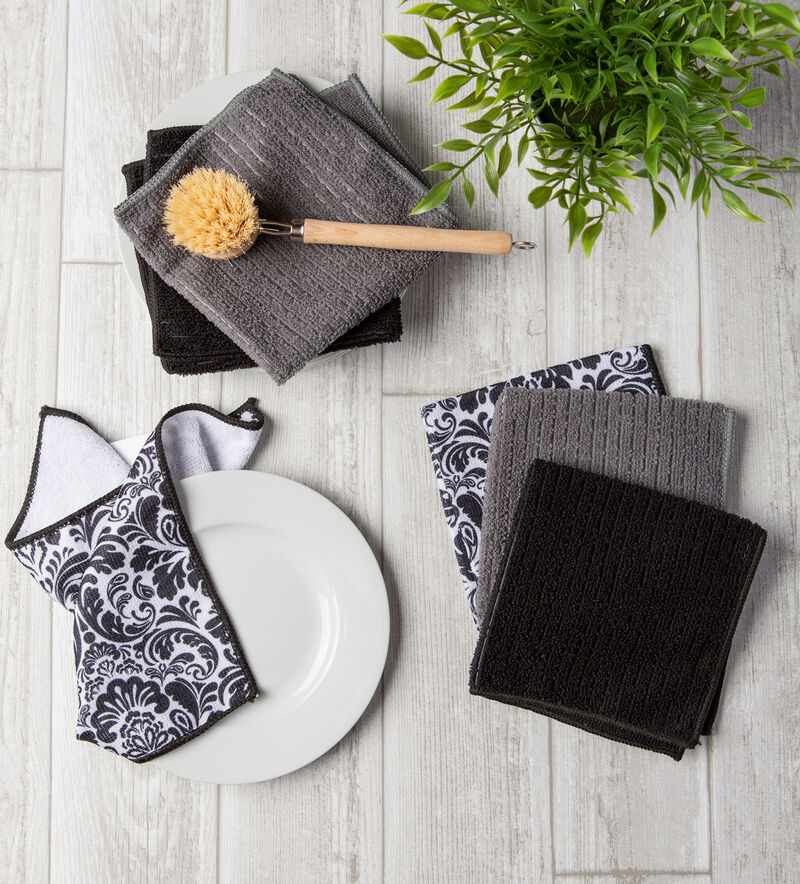 Set of 6 Black and White Square Microfiber Dishcloth  12"