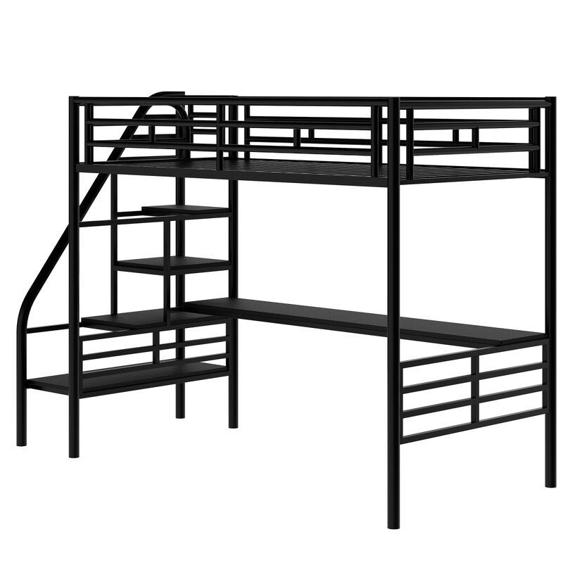 Metal Loft Bed Frame With Desk, No Box Spring Needed, Twin