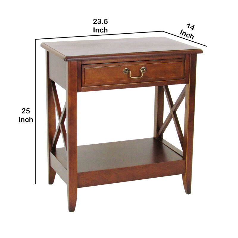 Transitional Style Nightstand with 1 Drawer and X Shape Sides, Brown - Benzara