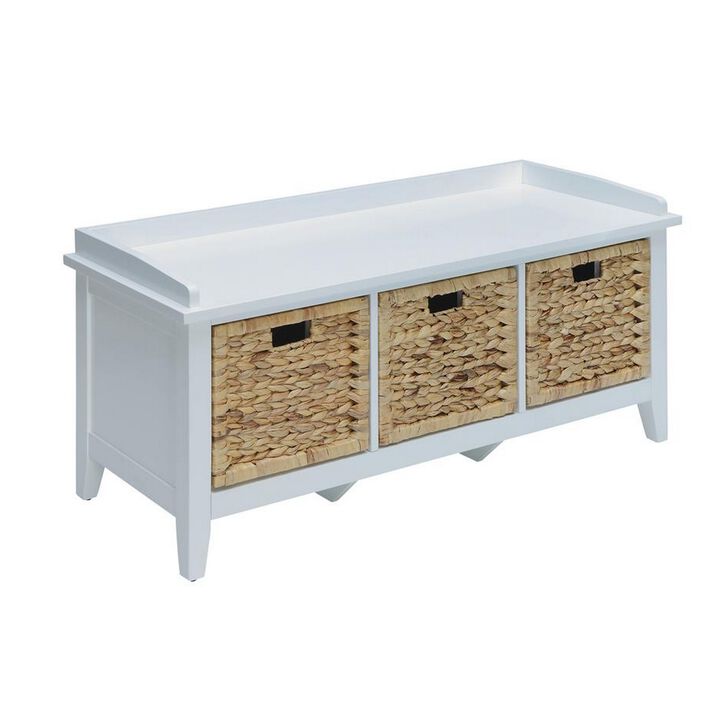 Rectangular Wooden Bench with Storage Basket, White-Benzara