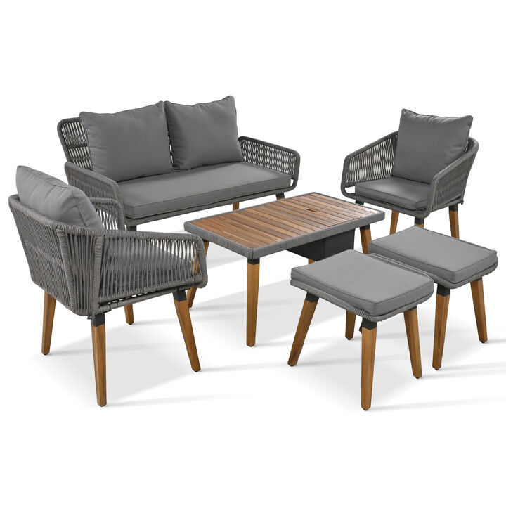 Unique Rope Woven Sofa Set with 2-in-1 Wood Cool Bar Table