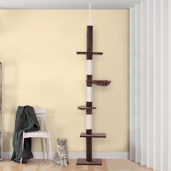 Vertical Feline Paradise: 9' Brown/White Adjustable Floor-to-Ceiling Cat Tree
