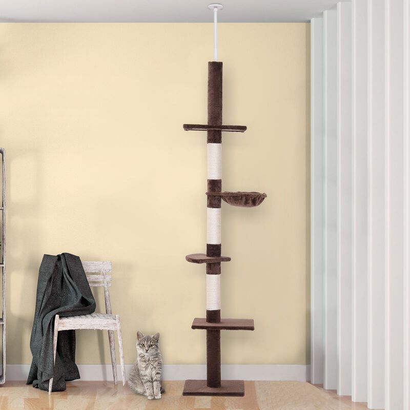 Vertical Feline Paradise: 9' Brown/White Adjustable Floor-to-Ceiling Cat Tree