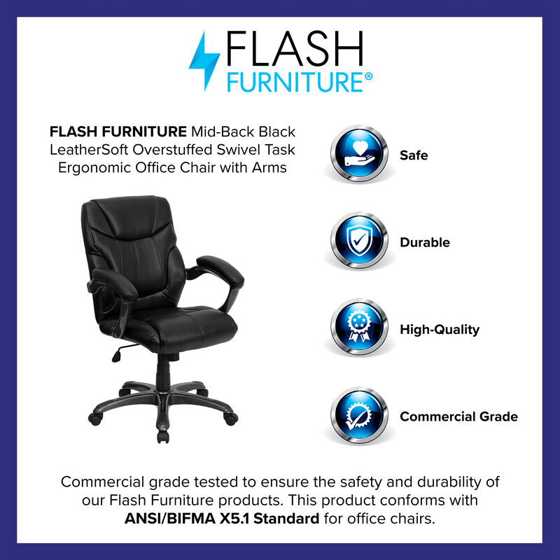 Megan Mid-Back LeatherSoft Overstuffed Swivel Task Ergonomic Office Chair with Arms