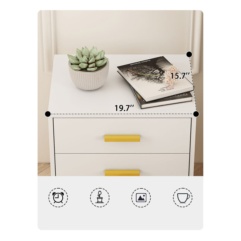 Modern Nightstand with 3 Storage Drawers & Gold Metal Legs, Minimalist and Versatile Bedside Table Sofa End Side Table, White (19.7" W x 15.7" D x 23.6" H)