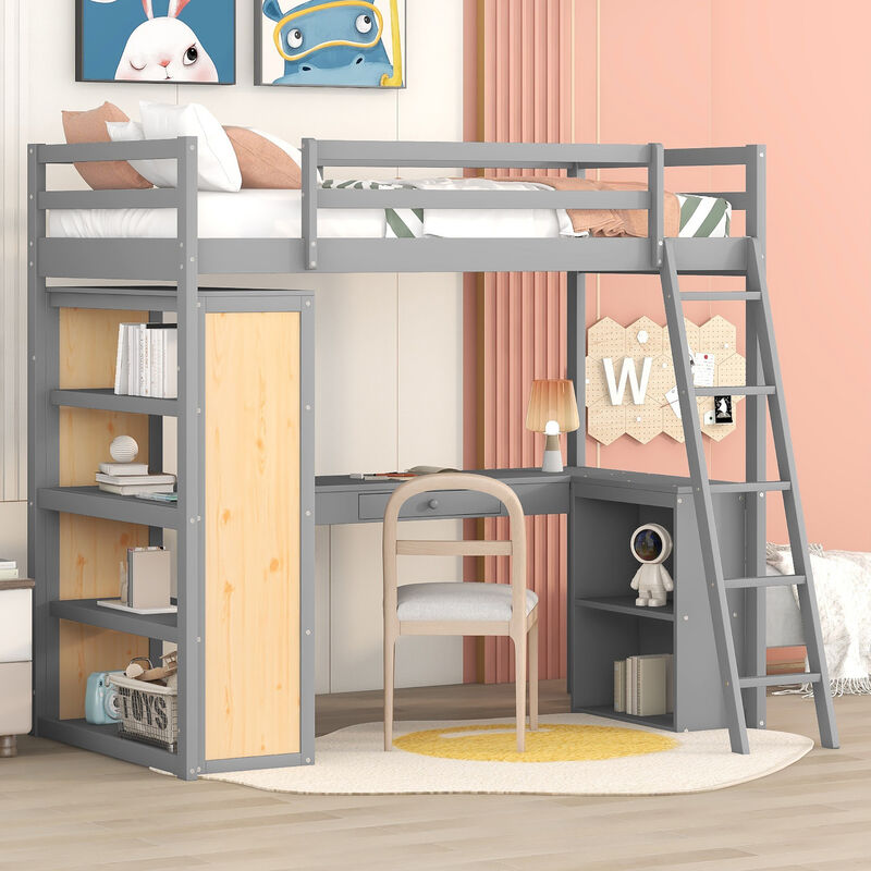 Merax Twin Size Loft Bed with Ladder, Shelves, and Desk